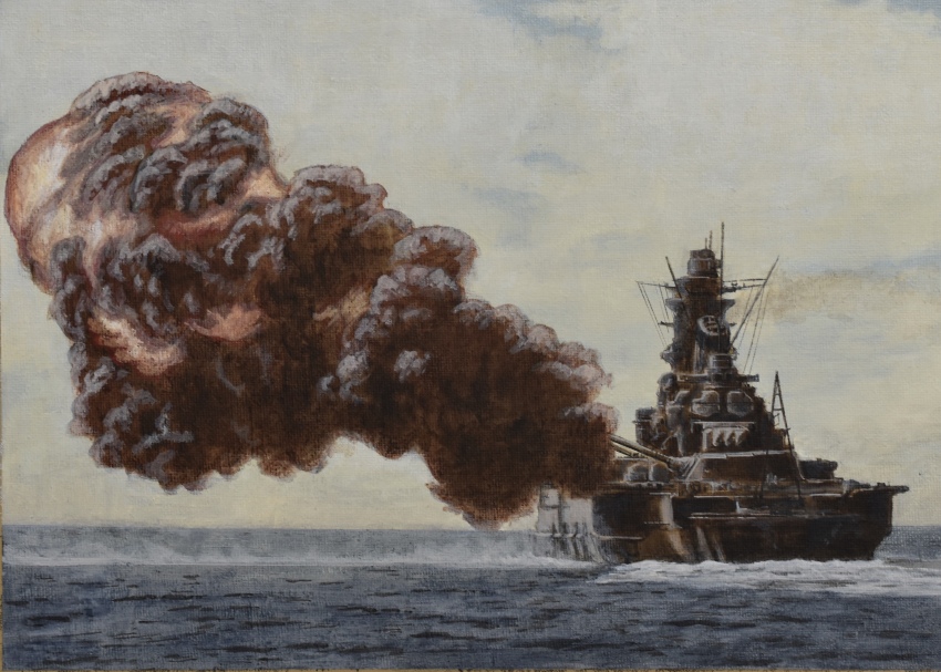 absurdres, acrylic_paint_(medium), atelier_bono, battle_of_leyte_gulf, battleship, cloud, cloudy_sky, firing