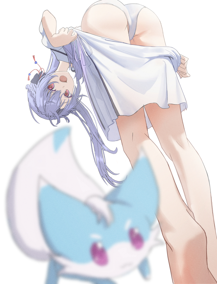 1girl, absurdres, ass, barefoot, bent_over, black_bow, blue_hair, blurry, bow, braid, chinese_commentary, clothes_pull, commentary_request, crown_braid, depth_of_field, dutch_angle, eyebrows_hidden_by_hair, film_grain, foot_out_of_frame, foreshortening, from_below, hair_between_eyes, hair_bow, highres, inari_(summer_pockets), kneepits, long_hair, looking_at_viewer, looking_back, miniskirt, open_mouth, panties, pulling_own_clothes, purple_eyes, red_eyes, school_uniform, shirt, short_sleeves, sidelocks, simple_background, skirt, skirt_pull, solo, sorakado_ao, standing, summer_pockets, summer_pockets_school_uniform, traum, underwear, white_background, white_panties, white_shirt, white_skirt