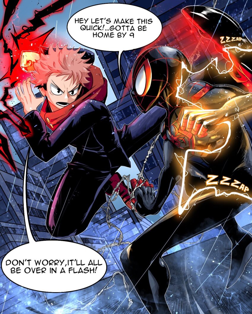 2boys, animal_print, battle, black_eyes, black_flash_(jujutsu_kaisen), black_hair, black_jacket, black_pants