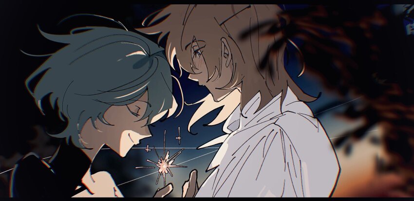 2boys, arm_up, black_shirt, blonde_hair, blue_eyes, blush, male_byleth_(awakened)_(fire_emblem), male_byleth_(fire_emblem)