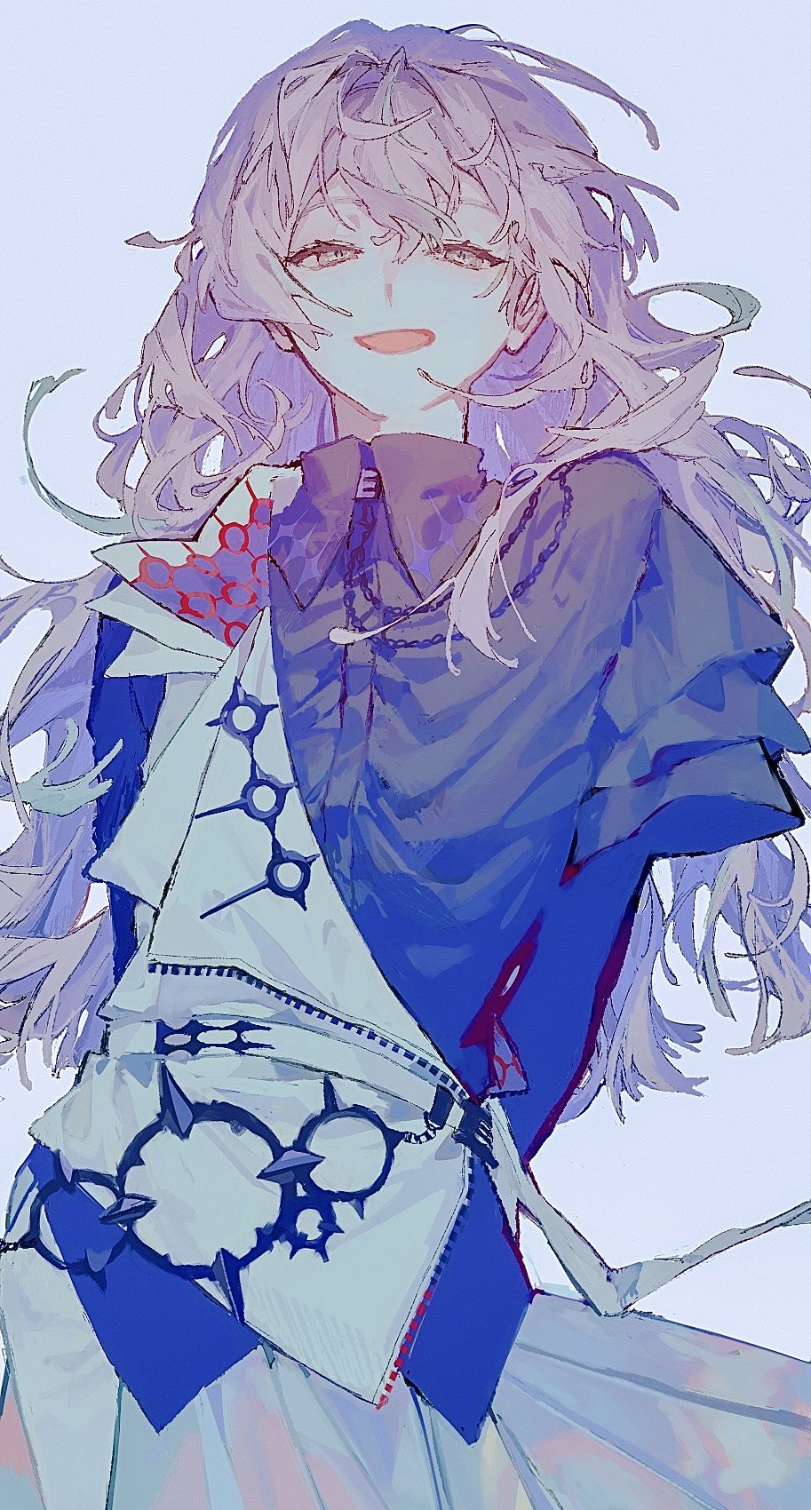 1boy, ame5972, asymmetrical_clothes, black_shirt, collared_shirt, commentary, cowboy_shot, hair_between_eyes