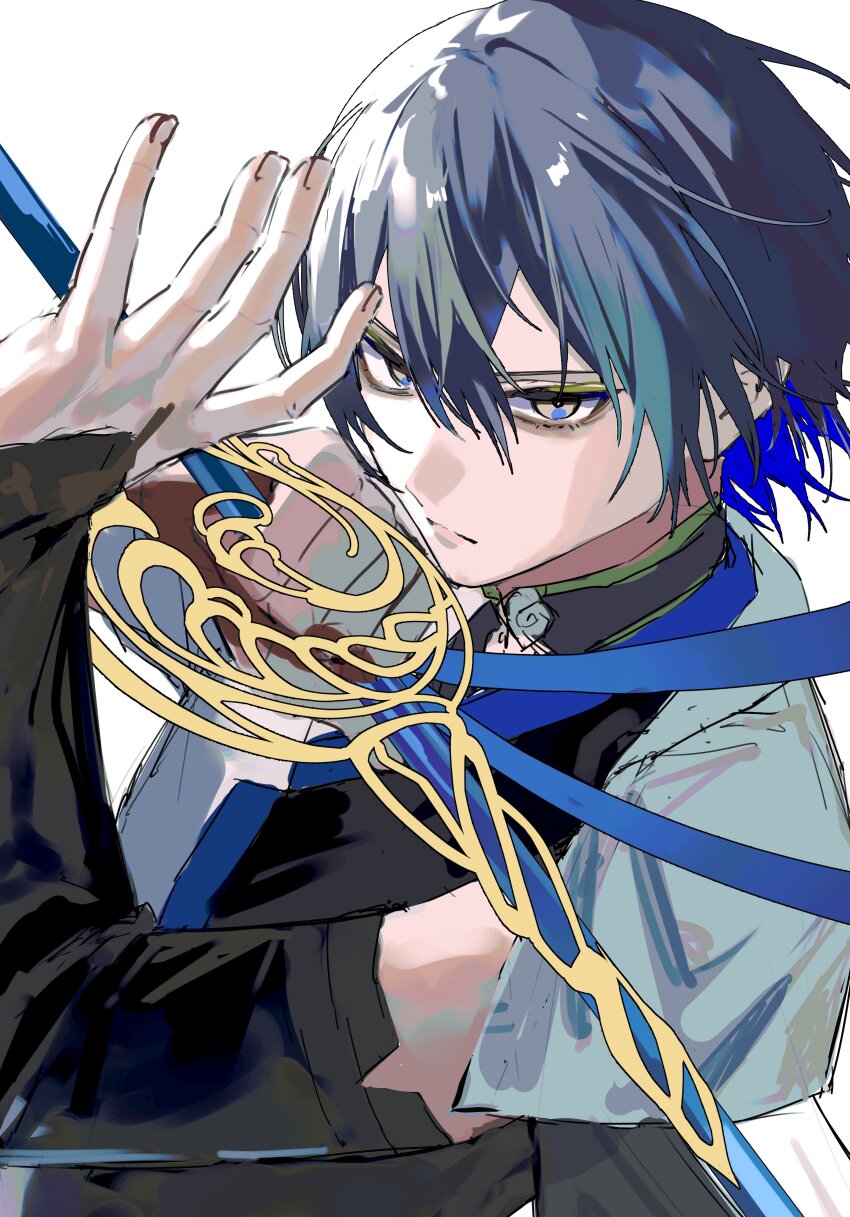 1boy, 333takoyaki, absurdres, arm_up, black_bridal_gauntlets, blue_eyes, blue_hair, bridal_gauntlets, closed_mouth, commentary_request, double-parted_bangs, fingernails, frown, highres, holding, holding_sword, holding_weapon, koyanagi_rou, koyanagi_rou_(1st_costume), looking_ahead, male_focus, nijisanji, short_hair, simple_background, sword, upper_body, virtual_youtuber, weapon, white_background