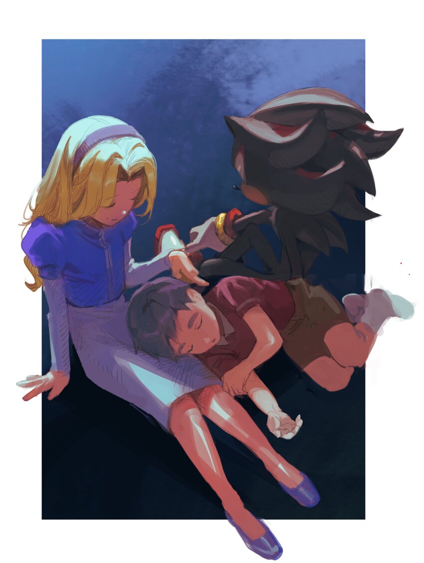 1girl, 2boys, absurdres, black_fur, blonde_hair, blue_hairband, blue_shirt, blue_shoes, blue_skirt, brown_shorts, closed_eyes, commander_(sonic), doanyttiott, gloves, grey_hair, hairband, hedgehog_boy, highres, knee_up, lap_pillow, long_hair, long_sleeves, maria_robotnik, multiple_boys, red_shirt, shadow_the_hedgehog, shirt, shoes, short_hair, shorts, sitting, skirt, sleeping, socks, sonic_(series), white_gloves, white_socks