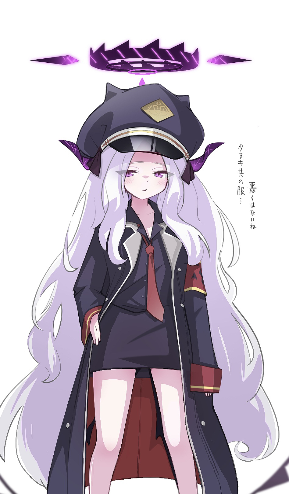 1girl, armband, bare_legs, black_coat, black_shirt, black_skirt, blue_archive, coat, commentary_request, cosplay, demon_horns, demon_wings, feet_out_of_frame, grey_hair, halo, hand_on_own_hip, hat, highres, hina_(blue_archive), horns, iroha_(blue_archive), iroha_(blue_archive)_(cosplay), long_hair, looking_at_viewer, low_wings, necktie, peaked_cap, racoon5, red_armband, red_necktie, shirt, simple_background, skirt, solo, translation_request, very_long_hair, white_background, wings