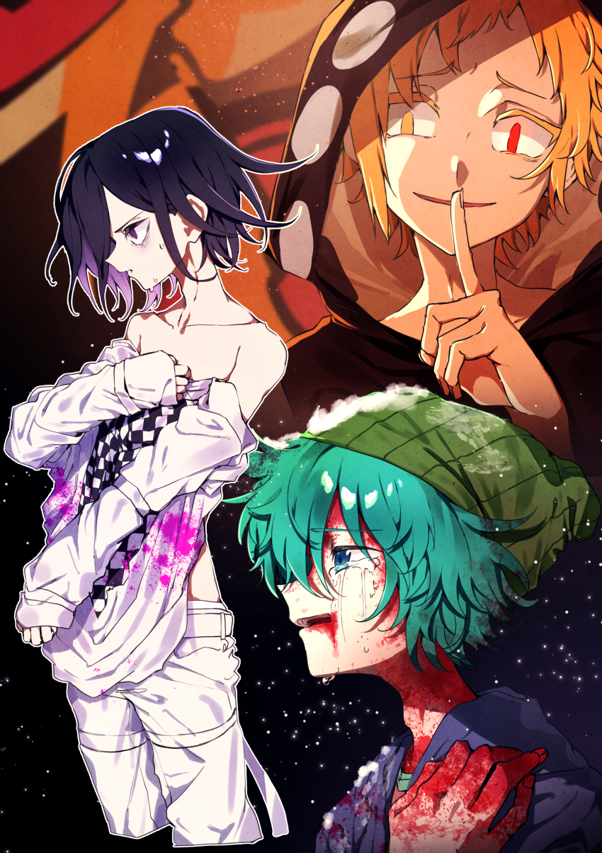 3boys, absurdres, bare_shoulders, black_hair, blonde_hair, blood, blood_from_mouth, blood_on_clothes