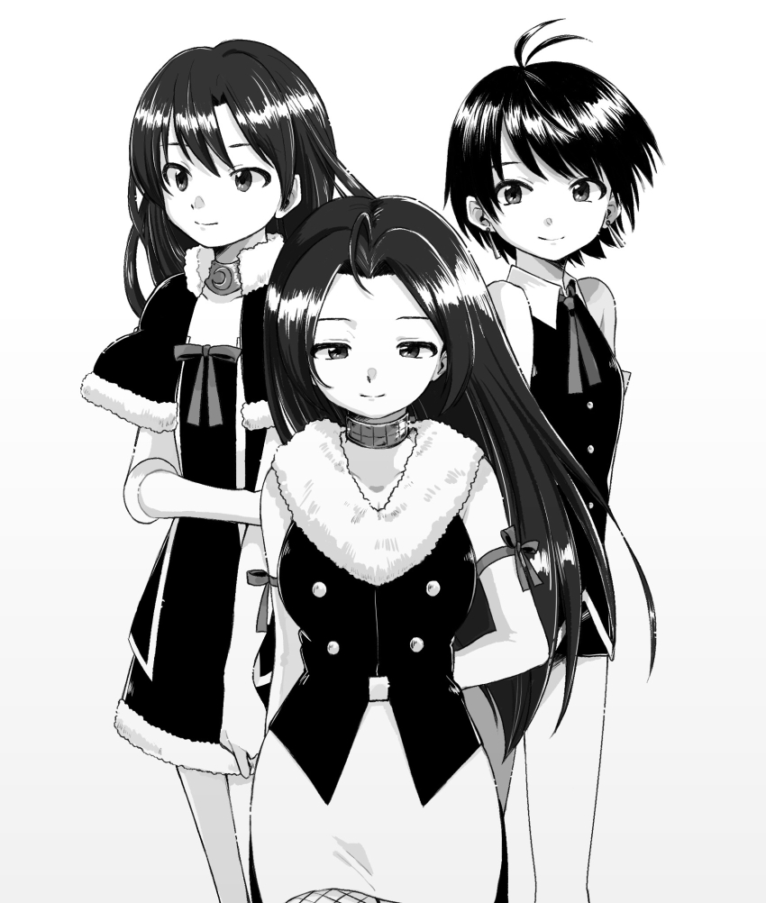 3girls, ahoge, antenna_hair, bare_shoulders, capelet, choker, closed_mouth, collarbone