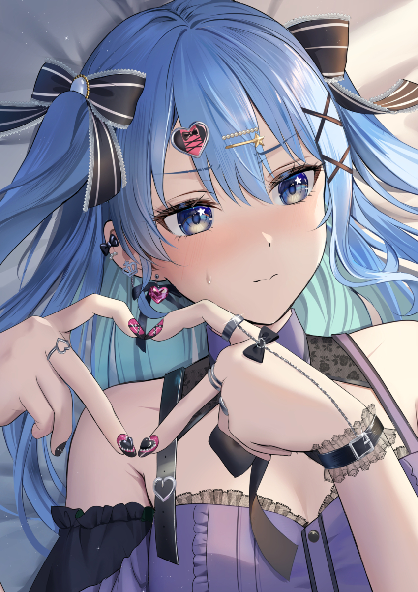 1girl, four-finger_heart_hands, alternate_costume, alternate_hairstyle, averting_eyes, bare_shoulders, bed_sheet, blue_eyes