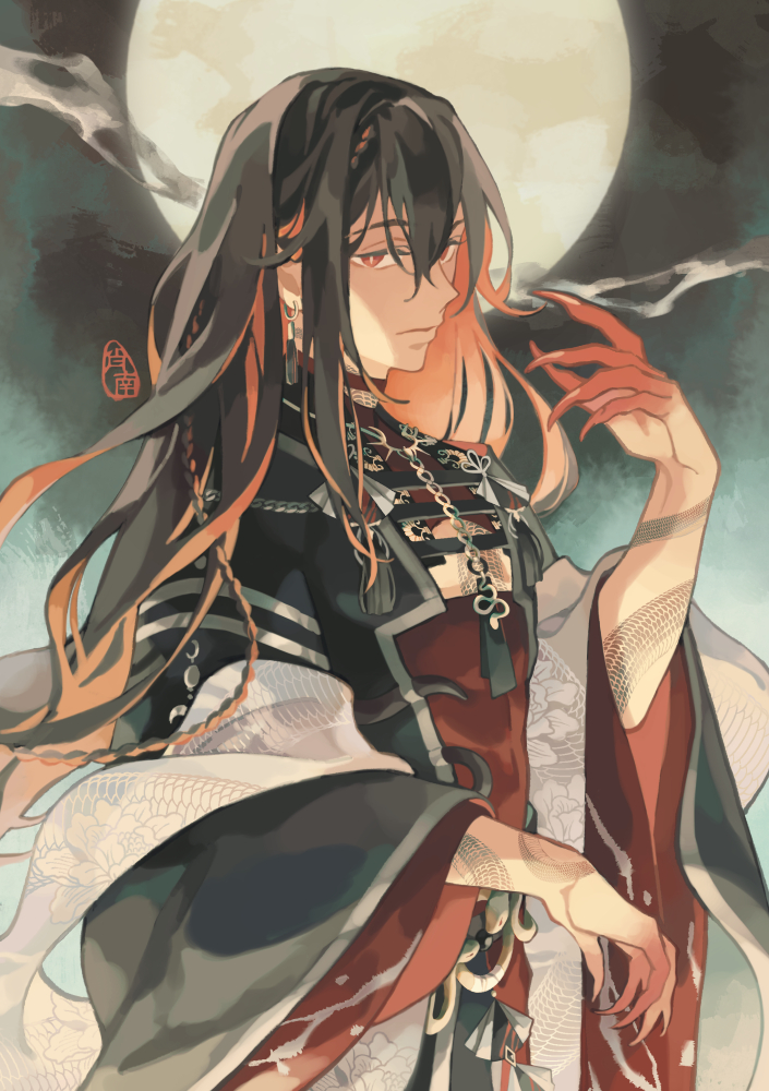 1boy, arm_tattoo, black_hair, chain, chain_necklace, chest_tattoo, chinese_clothes, earrings, fingernails, hair_between_eyes, hand_up, jewelry, long_hair, looking_at_viewer, male_focus, moon, multicolored_hair, necklace, nu_carnival, official_alternate_costume, orange_eyes, orange_hair, sharp_fingernails, single_earring, solo, tattoo, turtleneck, two-tone_hair, upper_body, vuls406, wide_sleeves, yakumo_(nu_carnival), yakumo_(shadow_lineage)_(nu_carnival)
