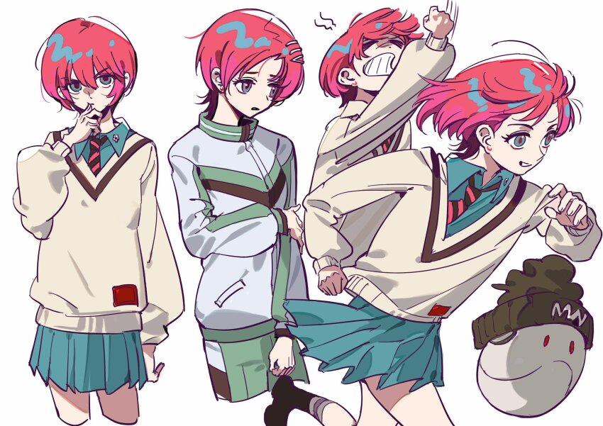 1girl, amate_yuzuriha, annoyed, aqua_eyes, aqua_shirt, aqua_skirt, closed_mouth, collared_shirt, cropped_legs, erhuazi917, gundam, gundam_gquuuuuux, gym_uniform, haro, hat, highres, jacket, long_sleeves, looking_at_viewer, necktie, open_mouth, red_hair, running, school_uniform, shirt, short_hair, simple_background, skirt, sweater, white_background