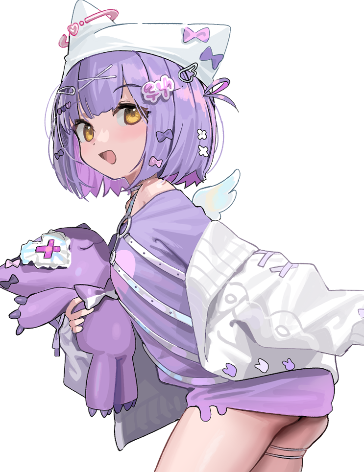 1girl, :d, ass, beanie, blush, cardigan, fake_wings, from_side, hair_ornament, hairclip, harness, hat, holding, holding_stuffed_toy, kanzarin, korean_commentary, long_sleeves, looking_at_viewer, o-ring, o-ring_harness, off_shoulder, official_alternate_costume, open_mouth, puffy_long_sleeves, puffy_sleeves, purple_hair, purple_shirt, shinomiya_runa, shinomiya_runa_(4th_costume), shirt, short_hair, simple_background, smile, solo, stuffed_animal, stuffed_cat, stuffed_toy, thigh_strap, thighs, too_many_hair_ornaments, virtual_youtuber, vspo!, white_background, white_cardigan, white_hat, white_wings, wings, x_hair_ornament, yellow_eyes