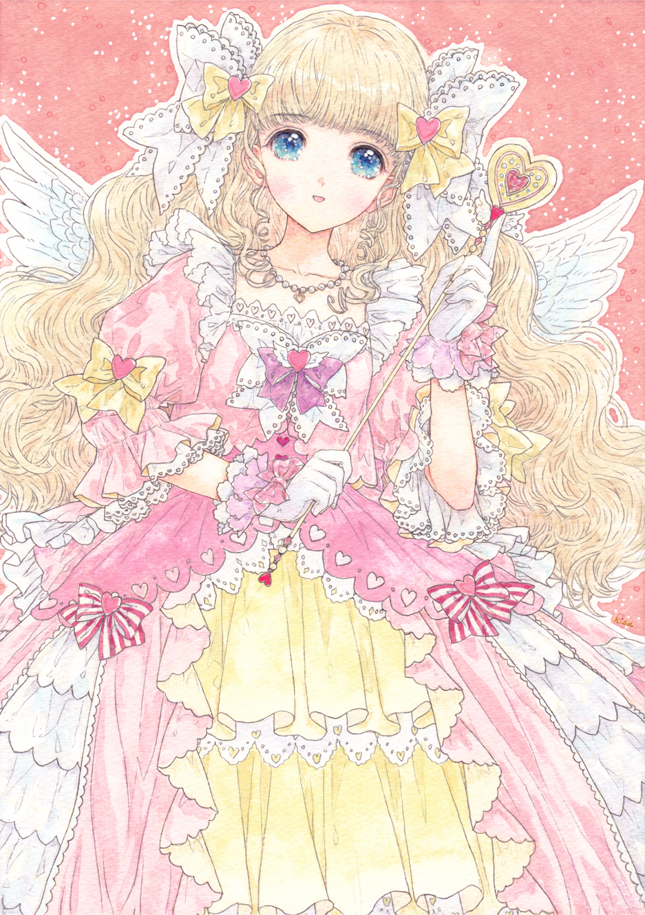 1girl, angel, blonde_hair, blue_eyes, dress, gloves, hair_ornament, highres