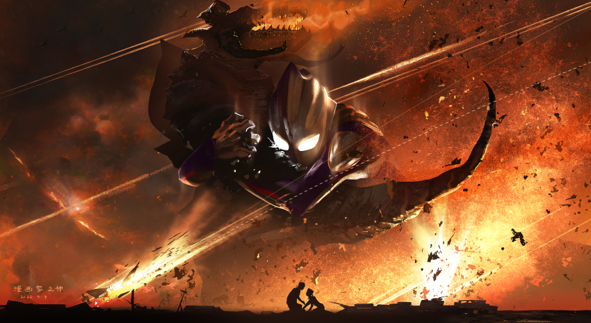 1girl, 2boys, alien, breath_weapon, breathing_fire, character_request, chinese_commentary, commentary