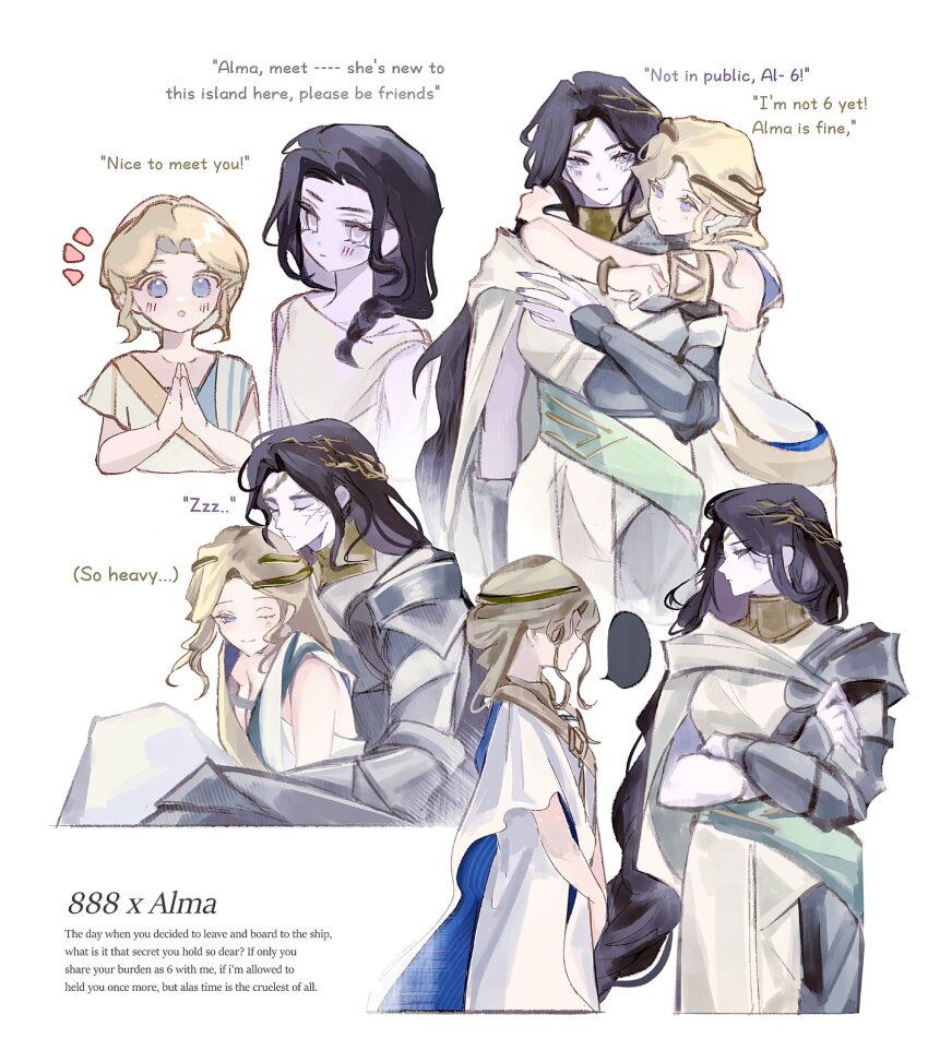 2girls, 888_(reverse:1999), :o, aged_down, alma_(reverse:1999), ancient_greek_clothes, armlet, armor