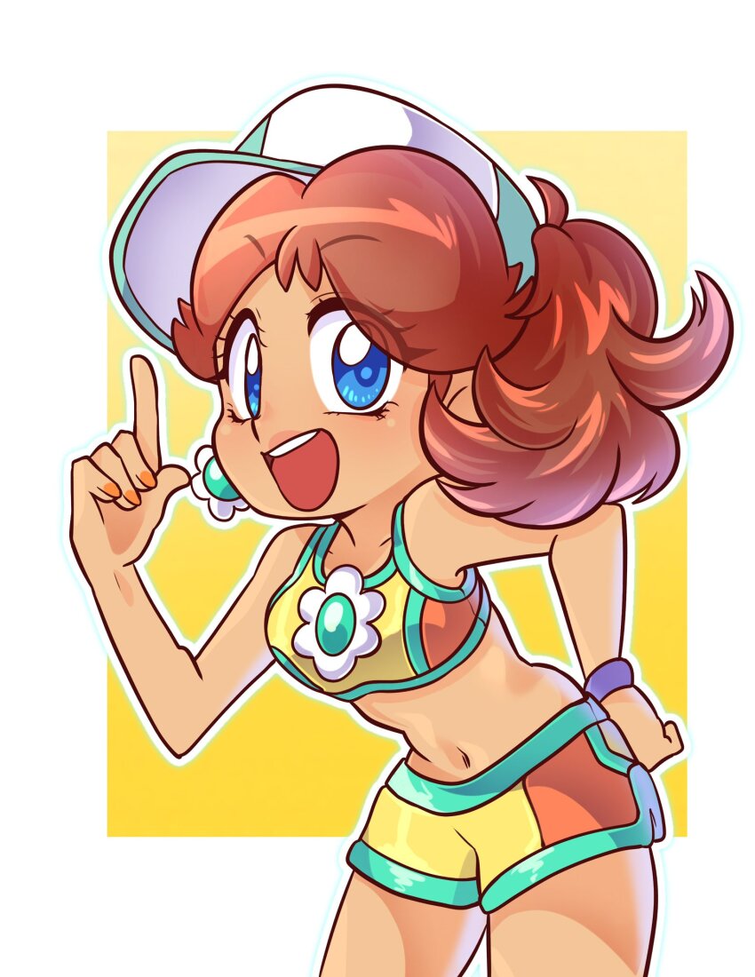 1girl, blue_eyes, bracelet, brown_hair, carolinerdraws, earrings, flower_earrings, hand_on_own_hip, hat, highres, jewelry, looking_at_viewer, mario_(series), mario_kart, mario_kart_world, navel, nintendo, official_alternate_costume, open_mouth, princess_daisy, princess_daisy_(swimwear)_(mario_kart_world), shorts, solo, sports_bra, teeth, upper_teeth_only, white_hat, yellow_shorts, yellow_sports_bra