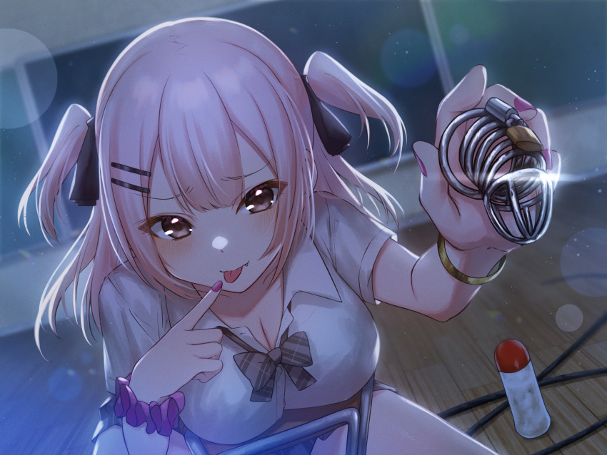 1girl, :p, blunt_bangs, blush, breasts, brown_eyes, chalkboard, chastity_cage, classroom, cleavage, commentary_request, gyaru, hair_ribbon, highres, holding_unworn_chastity_cage, hoshimiya_aki, large_breasts, lock, looking_at_viewer, lotion_bottle, nail_polish, original, padlock, padlocked_chastity_cage, pink_hair, revealing_chastity_cage, ribbon, school_uniform, scrunchie, sex_toy, tongue, tongue_out, twintails, unworn_chastity_cage, wooden_floor, wrist_scrunchie, wristband