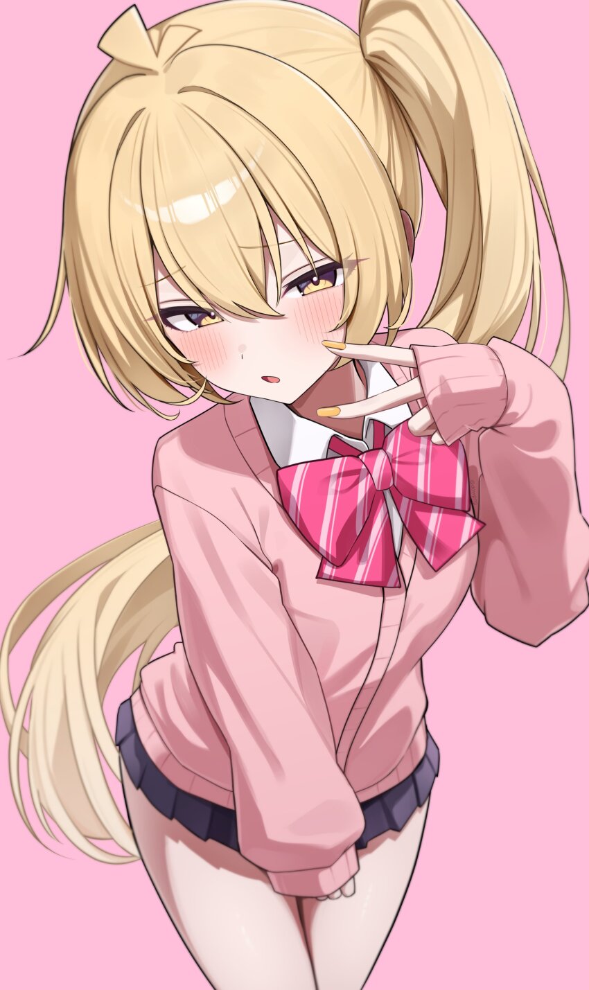 1girl, absurdres, akita_neru, antenna_hair, black_skirt, blonde_hair, blush, bow