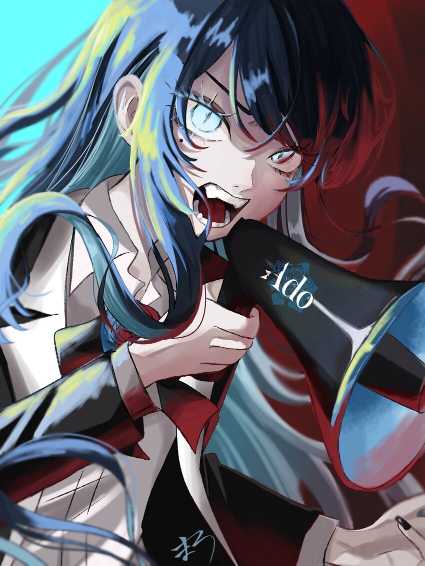 1girl, ado_(utaite), black_coat, black_hair, blue_eyes, chando_(ado), coat, commentary_request