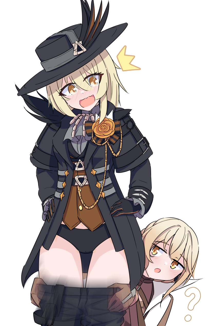 2girls, :o, ?, absurdres, assisted_exposure, black_gloves, black_jacket, black_panties, black_shorts, blonde_hair, blush, clothes_pull, embarrassed, facing_viewer, girls'_frontline, girls'_frontline_2:_exilium, gloves, groza_(girls'_frontline_2), hair_between_eyes, hands_on_own_hips, hat, highres, hip_focus, jacket, long_hair, looking_at_another, looking_back, medium_hair, midriff_peek, multiple_girls, open_clothes, open_jacket, ots-14_(girls'_frontline), panties, pantsing, risu_(risu028), sextans_(girls'_frontline_2), short_shorts, shorts, shorts_pull, surprised, thighs, underwear, undressing_another, yellow_eyes