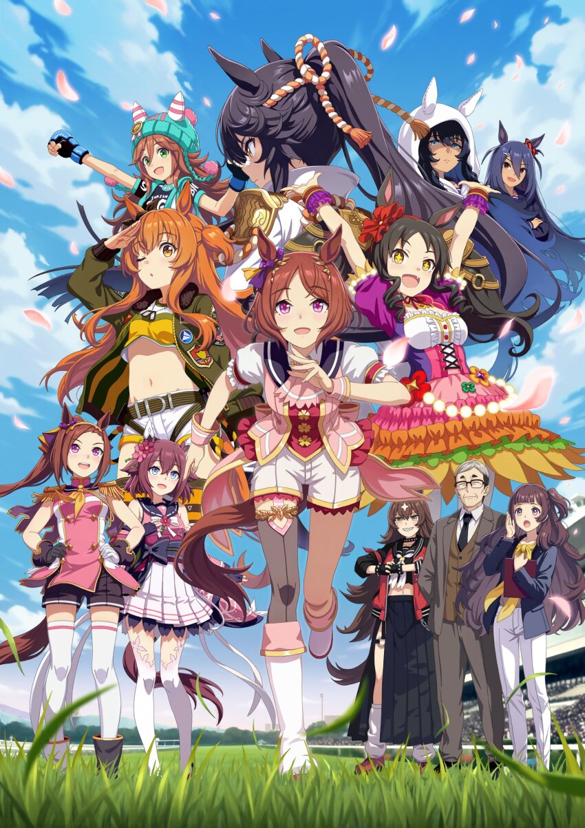 +_+, 1boy, 6+girls, absurdres, akeishi_gorou, akeishi_tsubaki, animal_ears, belt