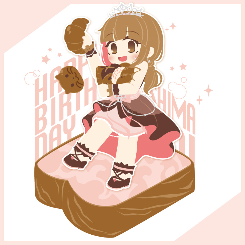 1girl, battle_girl_high_school, black_shoes, blunt_bangs, bread, brown_dress, brown_eyes, brown_hair, bun_(food), chibi, chibi_only, chocolate_cornet, croissant, dress, earrings, eyelashes, food, full_body, happy_birthday, holding, holding_food, jewelry, long_hair, motyomi, nanashima_aoi, open_mouth, shoes, solo, tiara