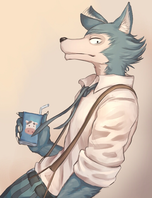 1boy, beastars, blue_pants, closed_mouth, collared_shirt, commentary_request, drink_carton, drinking_straw