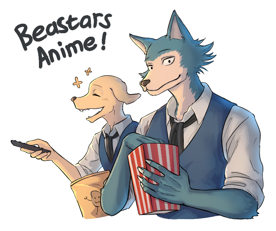 2boys, beastars, black_necktie, blue_vest, closed_mouth, collared_shirt, controller, copyright_name