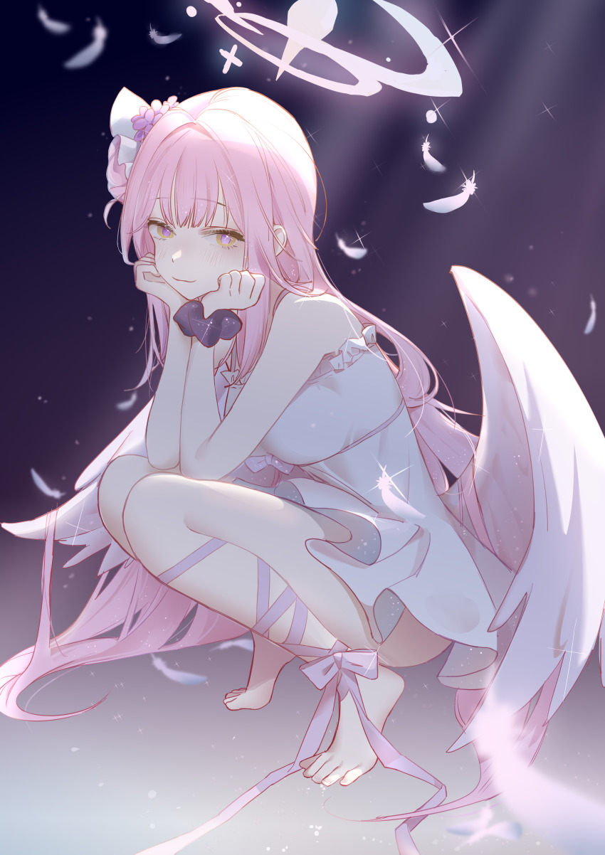 1girl, absurdres, barefoot, blue_archive, breasts, commentary, dress, falling_feathers