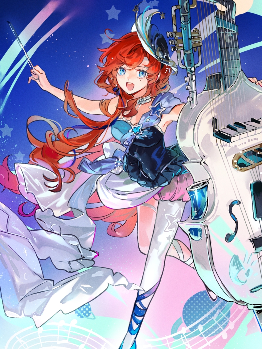 1girl, :d, barcarola_(asteroid_allegro)_(reverse:1999), barcarola_(reverse:1999), bare_arms, beamed_eighth_notes, black_hat, blue_background