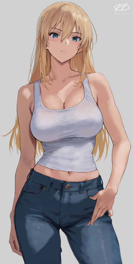 1girl, alternate_costume, bismarck_(kancolle), blonde_hair, blue_eyes, breasts, cleavage, closed_mouth