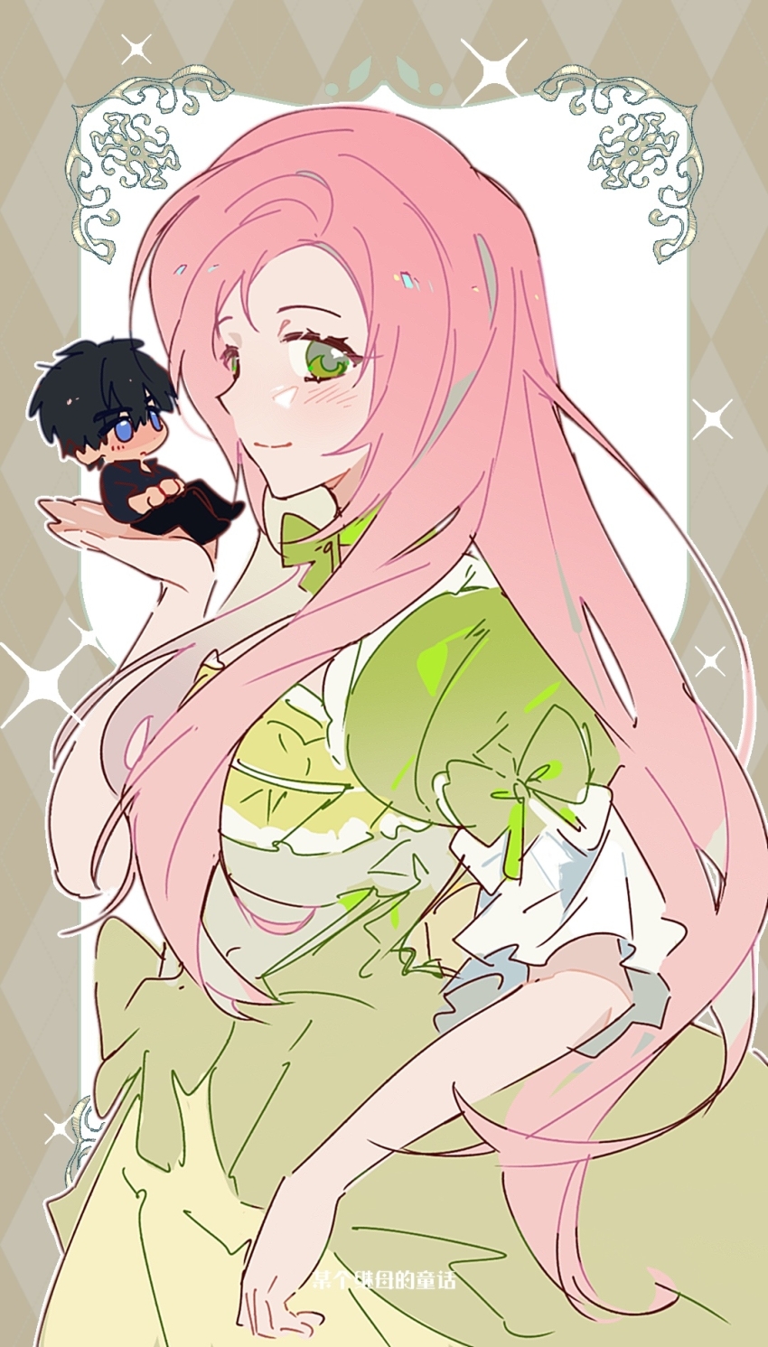 1boy, 1girl, aristocratic_clothes, black_hair, black_pants, black_shirt, blue_eyes, chinese_commentary