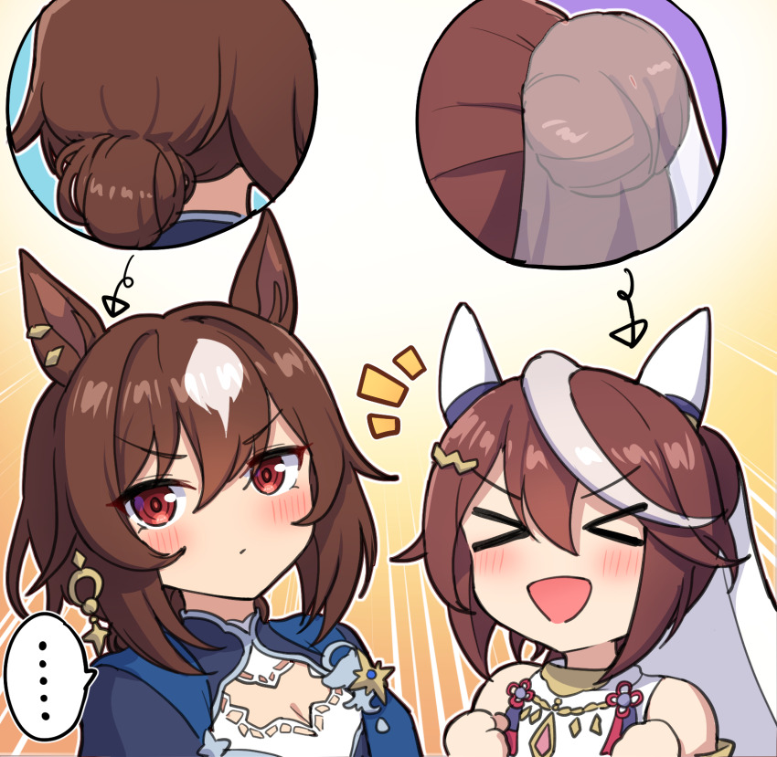 >_<, ..., 2girls, :d, animal_ears, arrow_(symbol), bare_shoulders, blue_jacket, blush, breasts, bridal_veil, bride, brown_background, brown_hair, chibi, cleavage, clenched_hands, closed_eyes, closed_mouth, commentary_request, dress, emphasis_lines, gradient_background, hair_between_eyes, hair_bun, hands_up, has_bad_revision, has_cropped_revision, highres, horse_ears, jacket, medium_breasts, multicolored_hair, multiple_girls, notice_lines, open_mouth, red_eyes, sirius_symboli_(louve_stellaire)_(umamusume), sirius_symboli_(umamusume), smile, spoken_ellipsis, streaked_hair, takiki, tokai_teio_(umamusume), umamusume, v-shaped_eyebrows, veil, wedding_dress, white_background, white_hair, xd