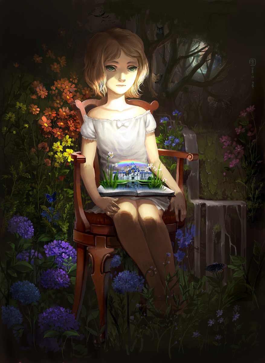 1girl, \||/, bird, blonde_hair, book, chair, collarbone, daffodil, earth_(planet), empty_eyes, expressionless, female_focus, flower, green_eyes, highres, hydrangea, magic_pop-up_book, mansion, mugon, on_chair, original, owl, planet, pop-up_book, rainbow, short_hair, sitting, solo, space, tiger, wolf