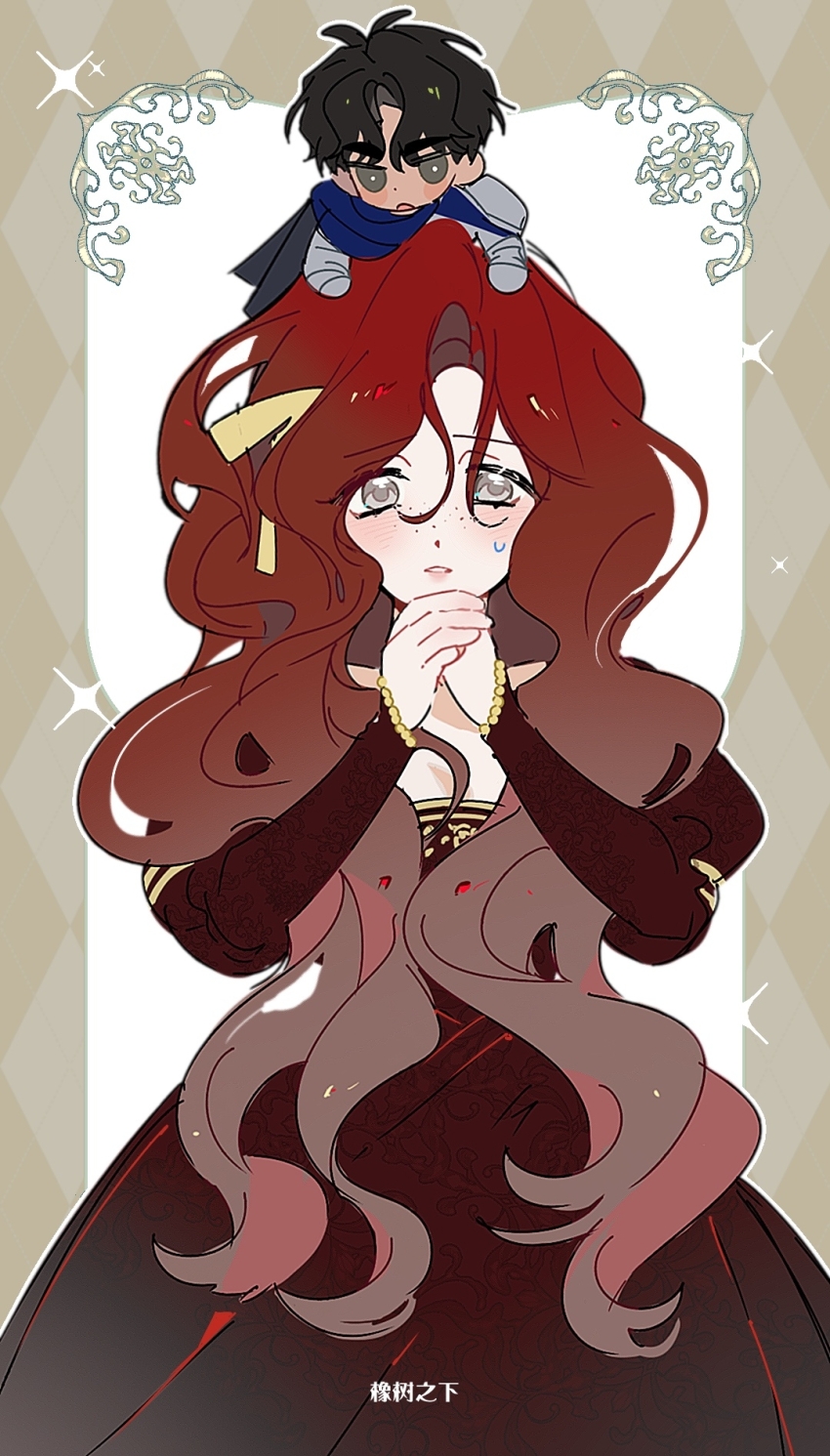 1boy, 1girl, aristocratic_clothes, black_hair, chinese_commentary, chinese_text, commentary_request, copyright_name