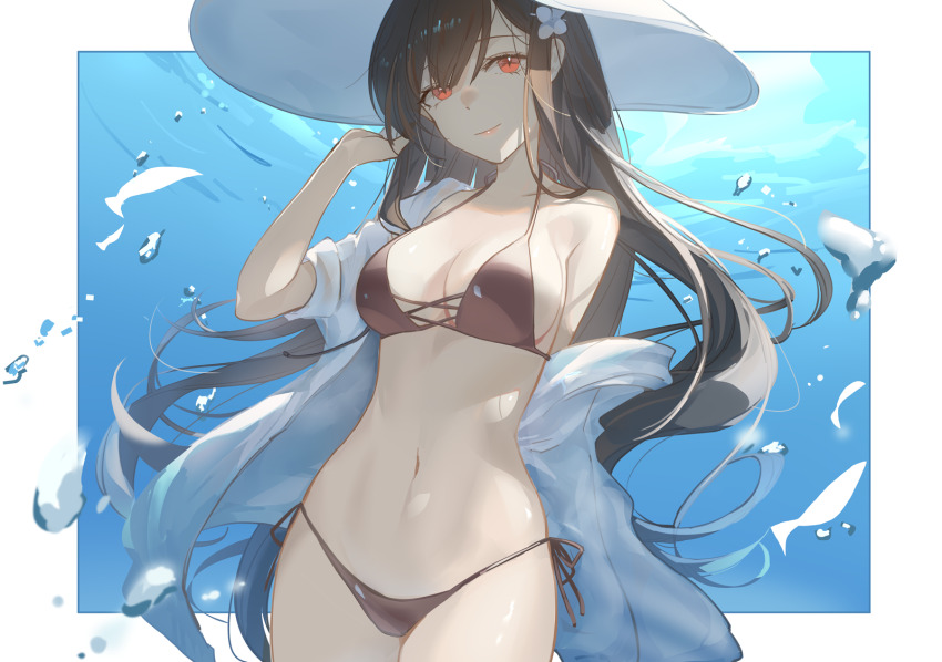1girl, arm_behind_back, bikini, black_bikini, black_hair, breasts, cleavage, closed_mouth