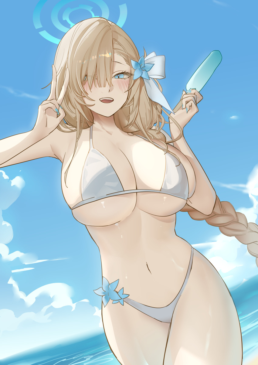 1girl, absurdres, alternate_costume, asuna_(blue_archive), bare_arms, bare_shoulders, bikini, blonde_hair, blue_archive, blue_bikini, blue_flower, blue_nails, blush, breasts, cleavage, flower, food, french_braided_ponytail, hair_flower, hair_ornament, hair_over_one_eye, hair_ribbon, highres, holding, holding_food, holding_popsicle, large_breasts, long_hair, majorinring, navel, ocean, open_mouth, popsicle, ribbon, sidelocks, solo, stomach, swimsuit, teeth, upper_teeth_only, white_ribbon
