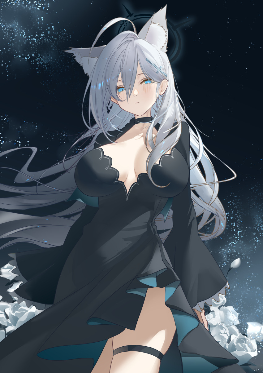 1girl, absurdres, ahoge, animal_ear_fluff, animal_ears, black_choker, black_dress, blue_archive