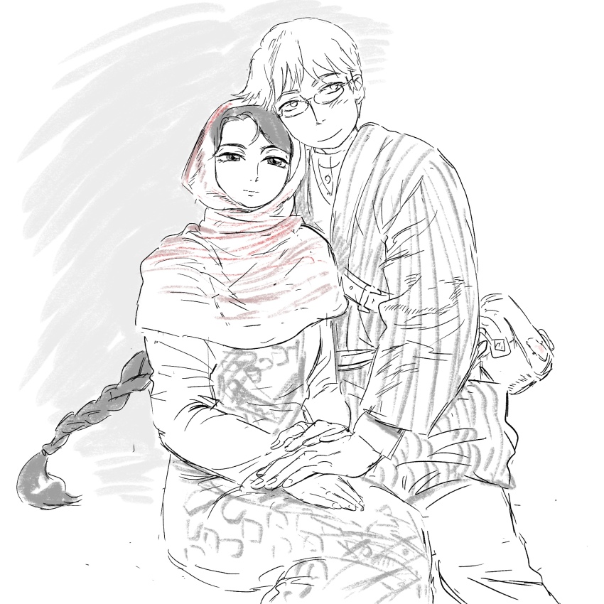 1boy, 1girl, bag, braid, braided_ponytail, greyscale, hand_on_another's_hand, handbag, henry_smith_(otoyomegatari), highres, hijab, karakalpak_clothes, long_hair, monochrome, otoyomegatari, talas_(otoyomegatari), user_zecg5533, uzbek_clothes, very_long_hair