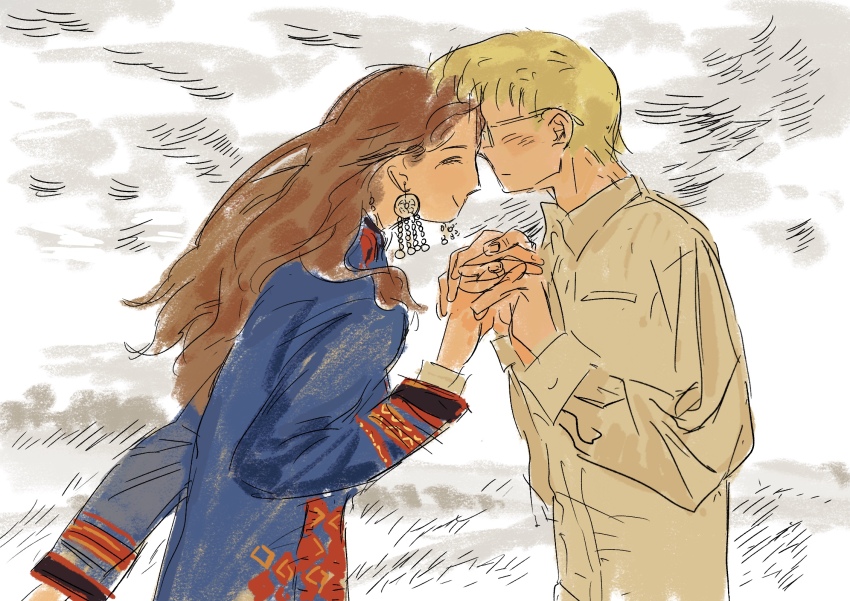 1boy, 1girl, blonde_hair, brown_hair, cloud, cloudy_sky, collared_shirt, dark-skinned_female