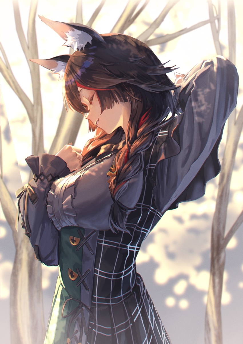 1girl, animal_ear_fluff, animal_ears, arm_behind_head, arm_up, bare_tree, black_bow, black_bowtie