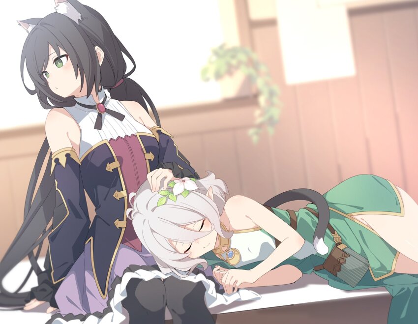 2girls, animal_ear_fluff, animal_ears, antenna_hair, belt_pouch, black_hair, blurry, blush