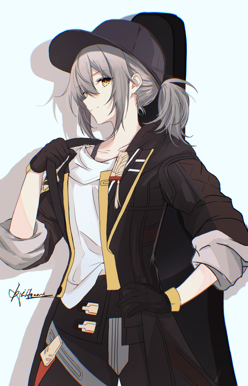 1girl, absurdres, alternate_hairstyle, black_coat, black_gloves, black_hat, closed_mouth, coat