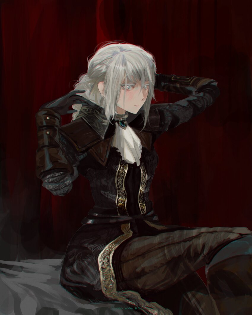 1girl, absurdres, ascot, black_gloves, black_pants, bloodborne, brooch, closed_mouth, commentary, crisslioo, english_commentary, gloves, gold_trim, grey_eyes, grey_hair, hair_between_eyes, highres, jewelry, lady_maria_of_the_astral_clocktower, long_hair, pants, red_background, sidelocks, simple_background, sitting, solo, white_ascot