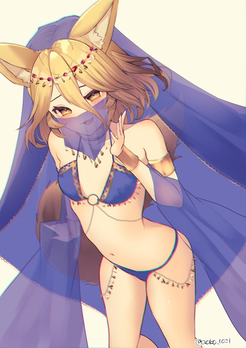1girl, animal_ears, aoko_(myut7287), arabian_clothes, armlet, bare_legs, belly_dancing, bikini, blonde_hair, body_chain, breasts, chromatic_aberration, circlet, dancer, fox_ears, fox_girl, fox_tail, gold, hair_between_eyes, halterneck, harem_outfit, highres, jewelry, kudamaki_tsukasa, medium_breasts, mouth_veil, navel, o-ring, o-ring_top, open_mouth, purple_bikini, purple_veil, see-through_clothes, simple_background, small_breasts, solo, swimsuit, tail, touhou, veil, white_background, yellow_eyes