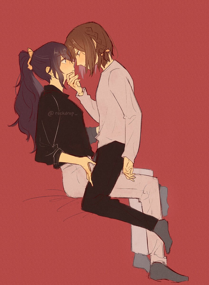 2girls, asahina_mafuyu, black_pants, black_shirt, blush, breasts, brown_hair, closed_mouth