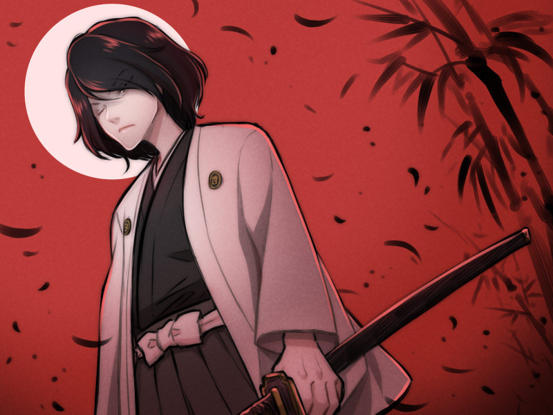 1boy, black_eyes, black_hair, closed_mouth, commentary, english_commentary, full_moon, hakama, holding, holding_sword, holding_weapon, ishikawa_goemon_xiii, japanese_clothes, katana, key_r_kenway, kimono, long_sleeves, lupin_iii, male_focus, medium_hair, moon, one_eye_closed, outdoors, red_sky, samurai, serious, sky, solo, standing, sword, weapon