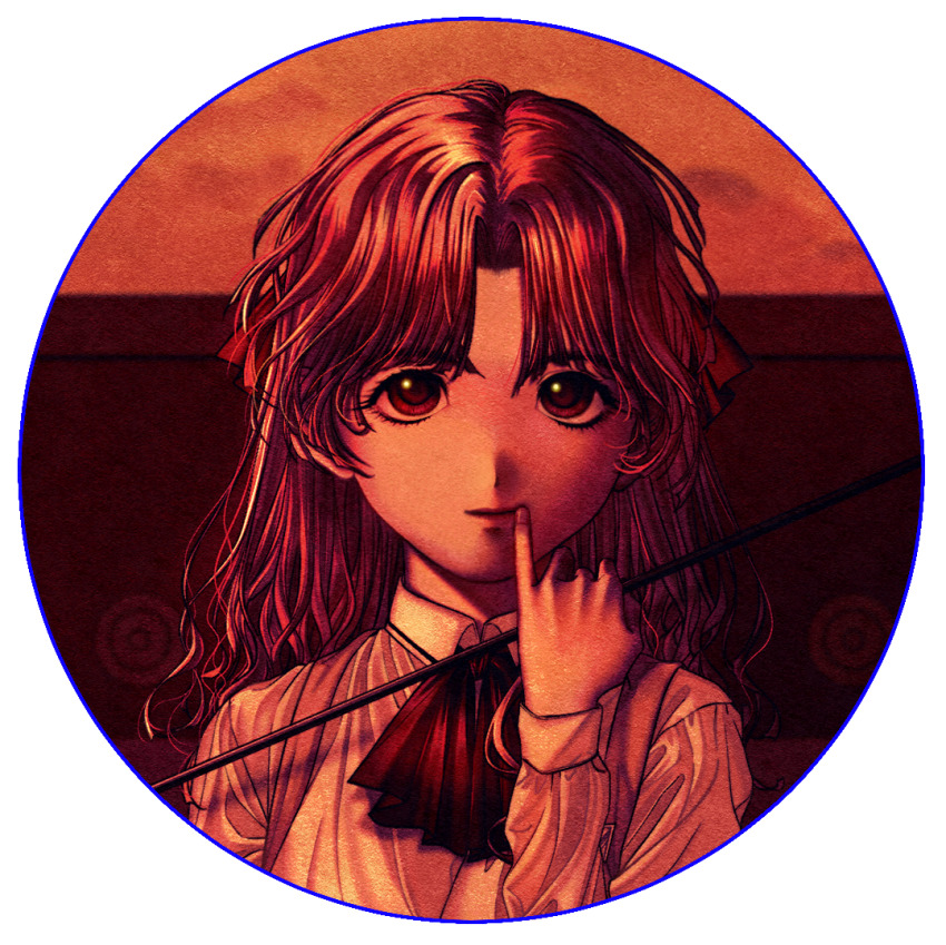 1girl, arrow_(projectile), border, brown_eyes, circle, collared_shirt, dusk, expressionless