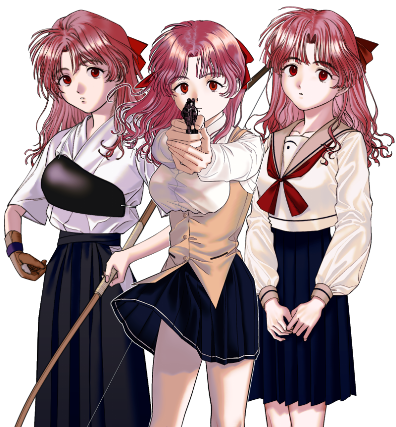 1girl, aiming, aiming_at_viewer, black_hakama, bow, bow_(weapon), collared_shirt, cowboy_shot