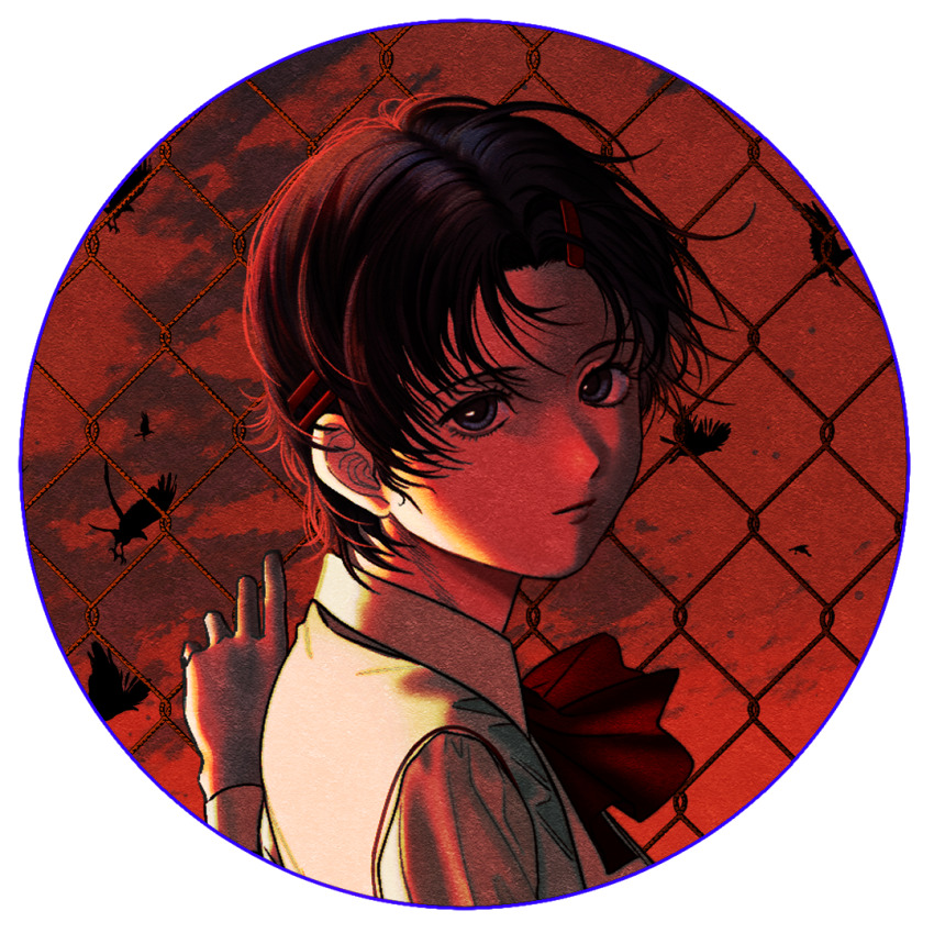 1girl, bird, black_hair, blue_eyes, border, bow, bowtie, chain-link_fence