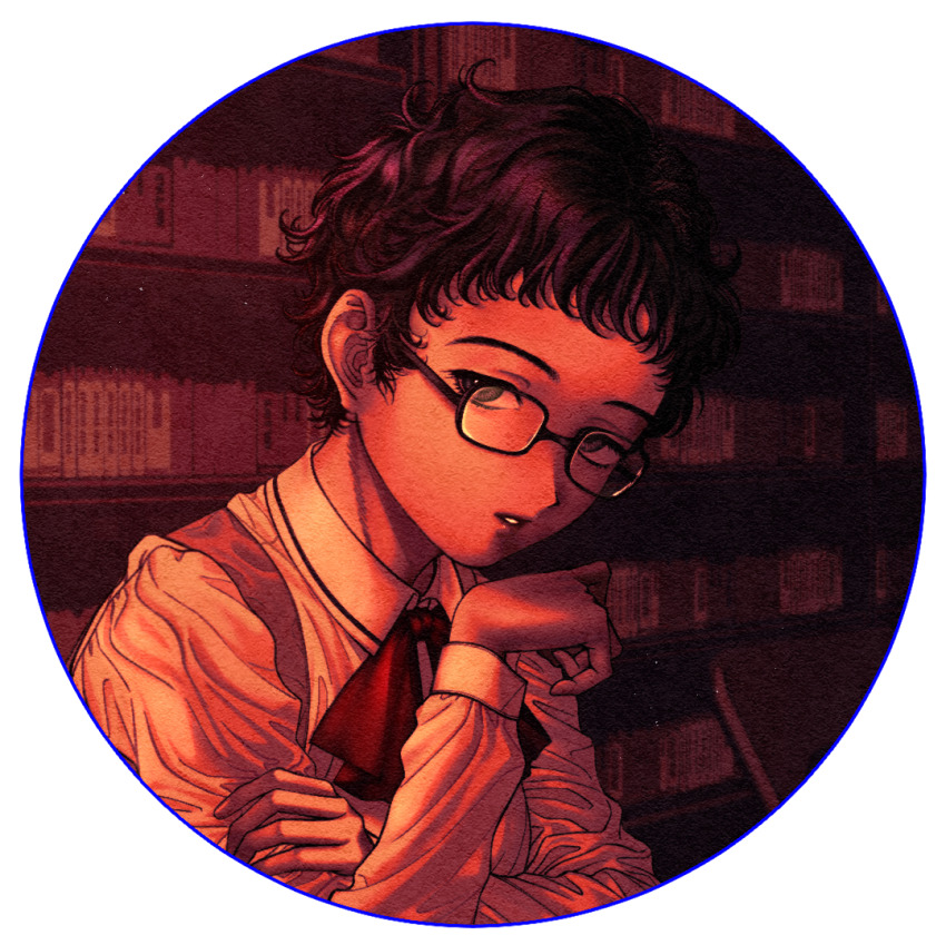 1girl, black_eyes, black_hair, book, border, bow, bowtie, collared_shirt