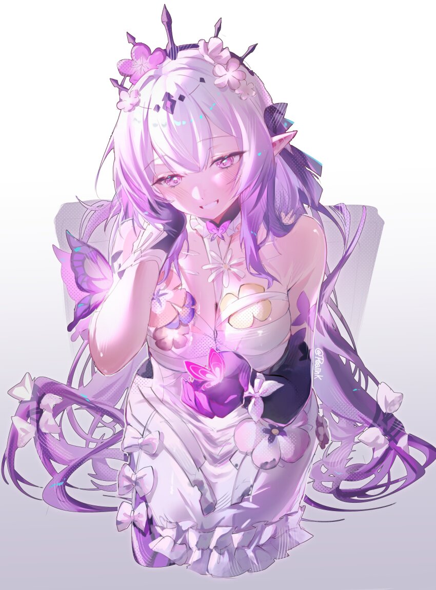 1girl, absurdres, asymmetrical_gloves, bare_shoulders, black_tiara, breasts, bright_pupils, bug